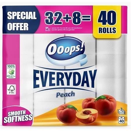 Toaletní papír "Everyday", broskev, 3-vrstvý, malé role, 32+8 rolí, OOOPS KTC30401772