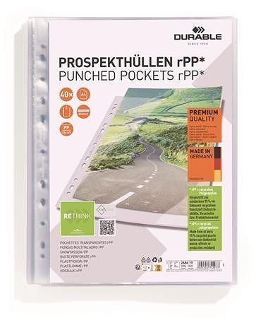 Euroobal rPP "PREMIUM", transparentní, děrovaná, A4, PP, 80 mikronů, 40 ks/balení, DURABLE