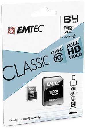 Paměťová karta "Classic", microSDXC, 64GB, CL10, 20/12 MB/s, adaptér, EMTEC ECMSDM64GXC10C