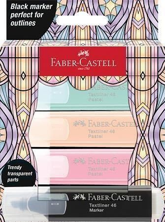 Zvýrazňovač "Glassy", 3 různé pastelové barvy + černá, FABER-CASTELL 254694