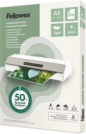 Laminovací fólie "Light", 80 mikronů, A3, lesklá, recyklovaný, 100 ks, FELLOWES 100142988