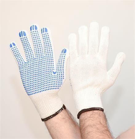 Ochranné rukavice, přírodní bílá, pletené, XL, z bavlny a polyesteru, PVC terčíky, 12 párů