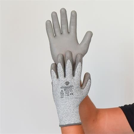 Ochranné rukavice, šedá, HPPE, velikost L, odolné proti proříznutí, PU dlaň, 1 pár, SF0251