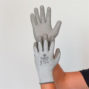 Ochranné rukavice, šedá, HPPE, velikost M, odolné proti proříznutí, PU dlaň, 1 pár, SF0251