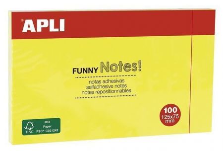 Samolepicí blok "FUNNY", žlutá, 125x75 mm, 100 listů, APLI