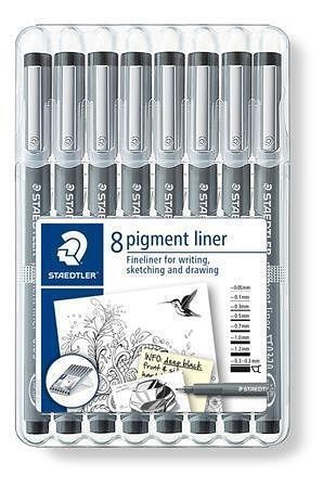 Liner "Pigment Liner 308", černá, sada, 8 šířek stopy, STAEDTLER 308 SB8