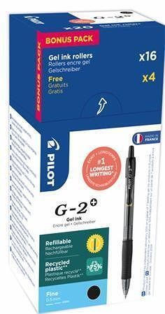 Gelové pero "G-2", černá, 0,25 mm, stiskací mechanismus, 20 ks/balení, PILOT BL-G2-5-B-DOB