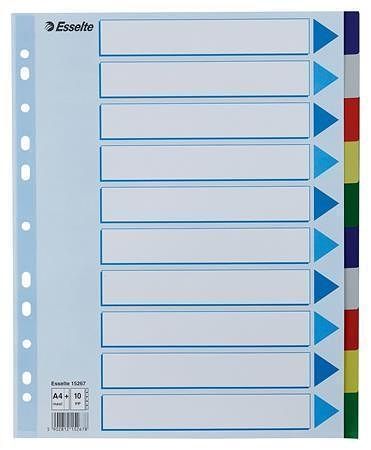 Barevné rozlišovače, mix barev, A4, plast, 10 dílů, ESSELTE