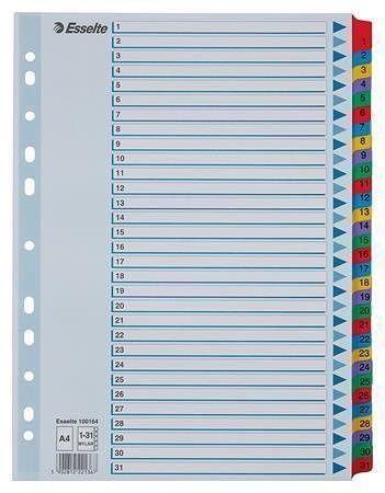 Zesílené rejstříky "Mylar", mix barev, karton, A4, 1-31, ESSELTE