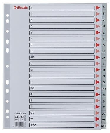 Barevné rejstříky, šedá, A4 Maxi, plast, A-Z, ESSELTE