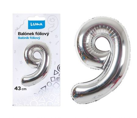 Balónek foliový č.9 STŘÍBRNÝ 43 cm LUMA