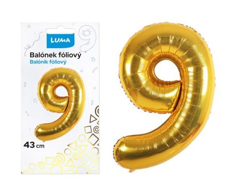 Balónek foliový č.9 ZLATÝ 40 cm LUMA