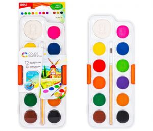 Barvy vodové se štětcem 12 barev 28mm, DELI (EC10-12)