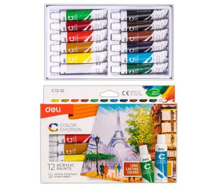 Barvy akrylové sada DELI 12 barev, 12ml, EC12-12