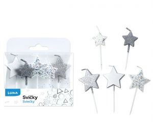 Svíčka 5ks, HVĚZDA stříbrná LUMA