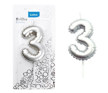 Svíčka č. 3 balónek STŘÍBRNÝ LUMA