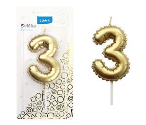 Svíčka č. 3 balónek ZLATÝ LUMA