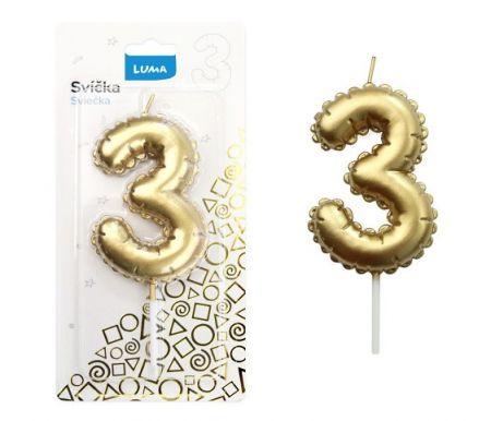 Svíčka č. 3 balónek ZLATÝ LUMA