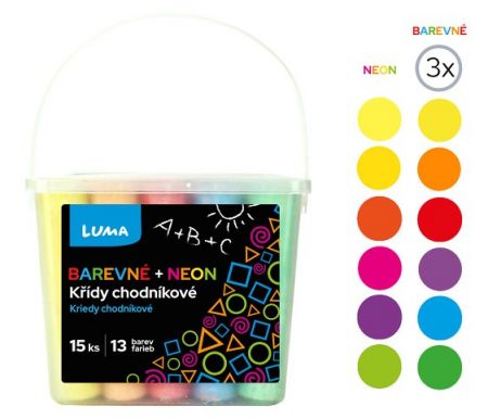 Křídy chodníkové 15ks barevné + NEON, box LUMA