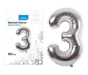 Balónek fóliový č. 3 STŘÍBRNÝ 101cm LUMA