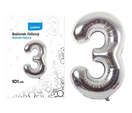 Balónek fóliový č. 3 STŘÍBRNÝ 101cm LUMA