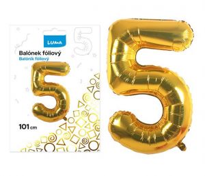 Balónek fóliový č. 5 ZLATÝ 101cm LUMA