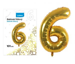 Balónek fóliový č. 6 ZLATÝ 101cm LUMA