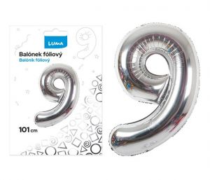 Balónek fóliový č. 9 STŘÍBRNÝ 101cm LUMA