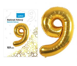 Balónek fóliový č. 9 ZLATÝ 101cm LUMA