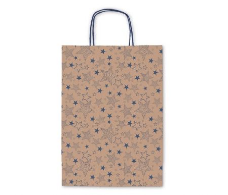 Taška vánoční kraft 26 x 36 x 12cm, modré hvězdy