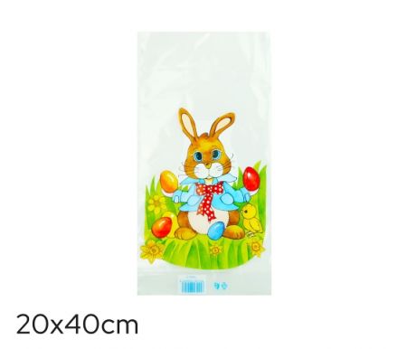 Sáček velikonoční 20 x 40cm čirý - Zajíc s mašlí