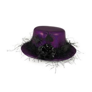 Mini klobouk fialový s černou květinou a pavoučky