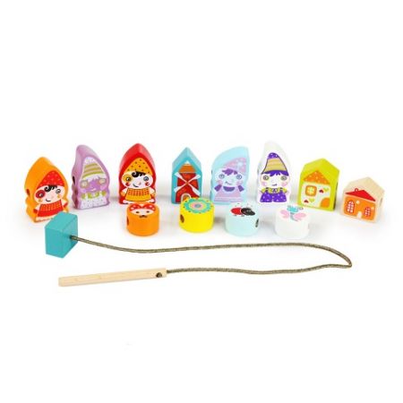 CUBIKA 13654 Navlékací trpaslíci - navlékací set - 13 dřevěných dílů a 8 předloh