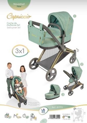 DeCuevas 81773 Skládací kočárek pro panenky 3 v 1 s taškou Capriccio 2025 - 73 cm