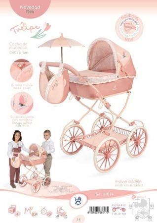 DeCuevas 81074 Skládací kočárek pro panenky s taškou a doplňky Tulipe 2025 - 81 cm