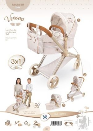 DeCuevas 81778 Skládací kočárek pro panenky 3 v 1 s taškou Verona 2025 - 73 cm