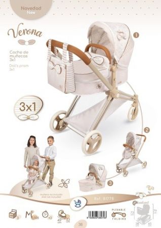 DeCuevas 81778 Skládací kočárek pro panenky 3 v 1 s taškou Verona 2025 - 73 cm