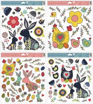 Okenní fólie modrý zajíc, žlutá slepice s dekorem, 30x33,5 cm/997