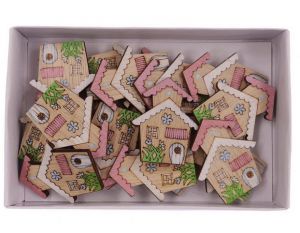 Samolepicí dřevěné domečky mini dekorace na tvoření, scrapbooking a DIY projekty - barevné