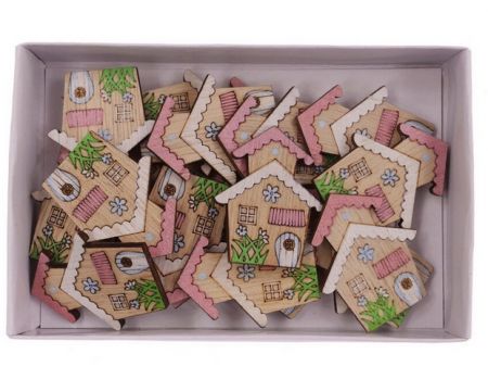 Samolepicí dřevěné domečky mini dekorace na tvoření, scrapbooking a DIY projekty - barevné