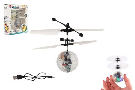 Vrtulníková koule létající plast 13x11cm svítící reagující na pohyb ruky,USB kabelem průhl