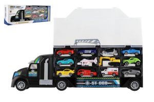 Auto kamion přepravník + dopravní prostředky plast 50cm na volný chod v krabici 51x18x10cm