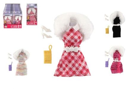 Šaty/Oblečky s doplňky na panenky mix druhů v krabičce 11x23cm