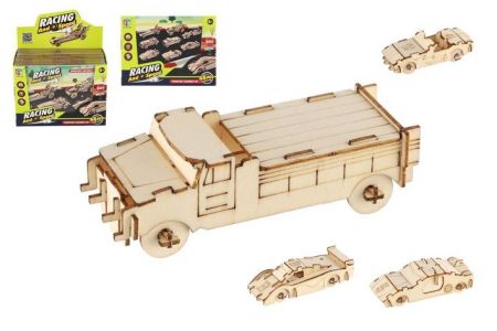 Dřevěné 3D puzzle/stavebnice auto 4ks ve fólii 2 druhy