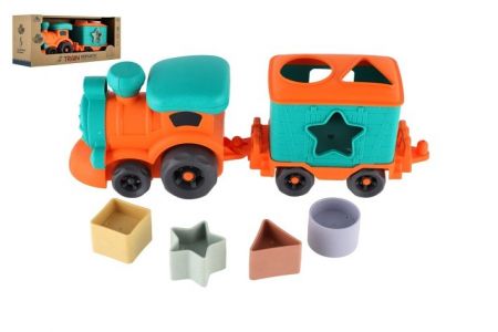 Mašinka/vláček s vagónem bioplast 30cm vkládačka na volný chod v krabičce 35x14x10cm 18m+