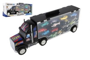 Auto kamion přepravník + dopravní prostředky 14ks plast 57cm na volný chod v krabici 59x22