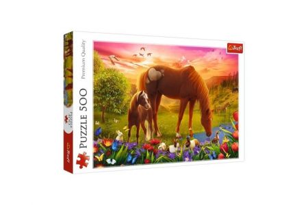 Puzzle Rodina koní 500 dílků 48x34cm v krabici 40x26,5x4,5cm