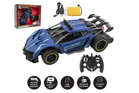 Auto RC Sport modré vypouštějící páru plast 30cm 2,4GHz na bat. + dobíjecí pack v krabici