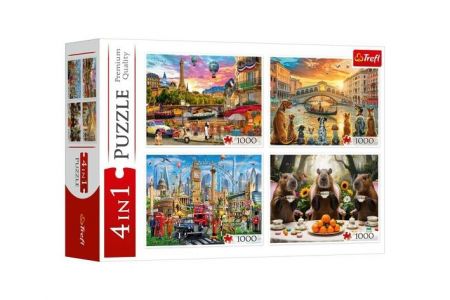 Puzzle 4v1 Malovaná města + Kapybary 4000 dílků 68,3x48cm v krabici 40x27x9cm