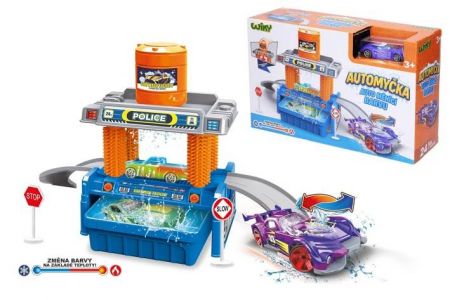 Automyčka + auto měnící barvu plast s doplňky v krabici 30x19cm